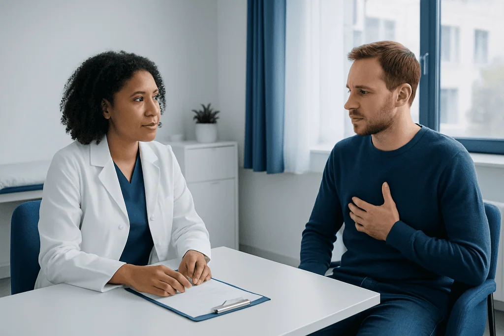 Doctor consulting with patient about histamine intolerance symptoms.