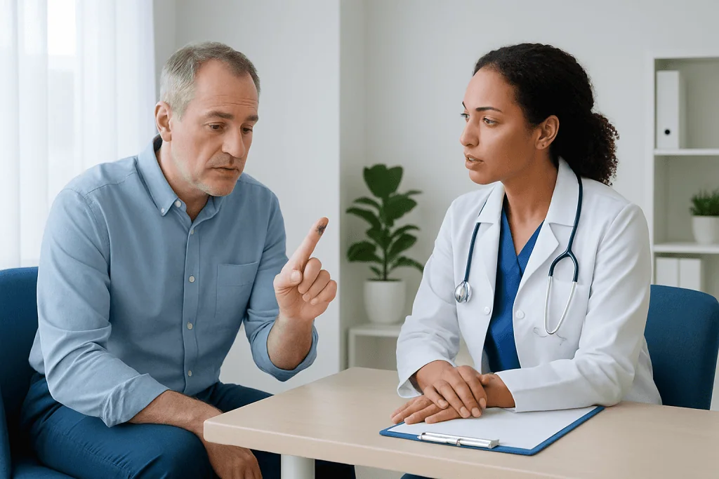 Doctor consulting with a male patient in a medical office.