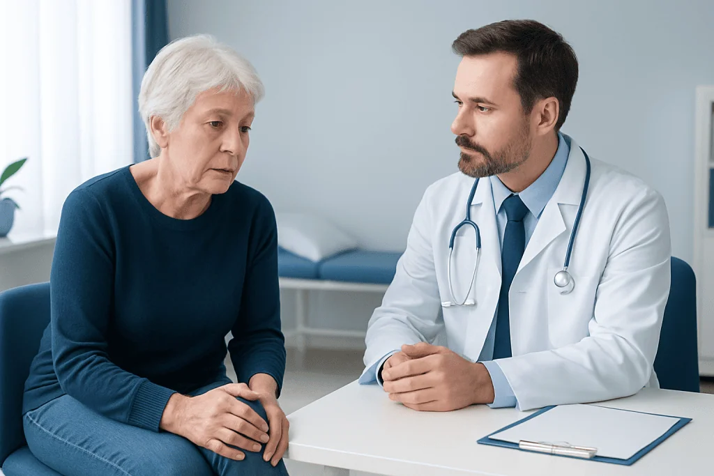 Doctor consulting with elderly woman about knee health and rheumatoid arthritis.