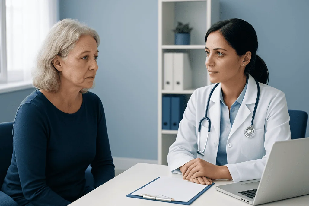 Doctor consulting with a middle-aged woman about premenopausal health.
