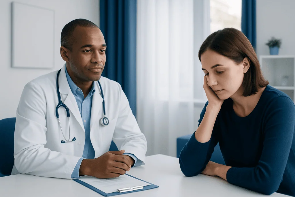 Doctor consulting with a young woman in a medical office setting.