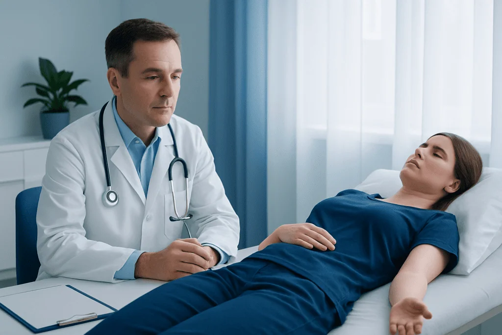 Doctor consulting with a patient in a hospital room.