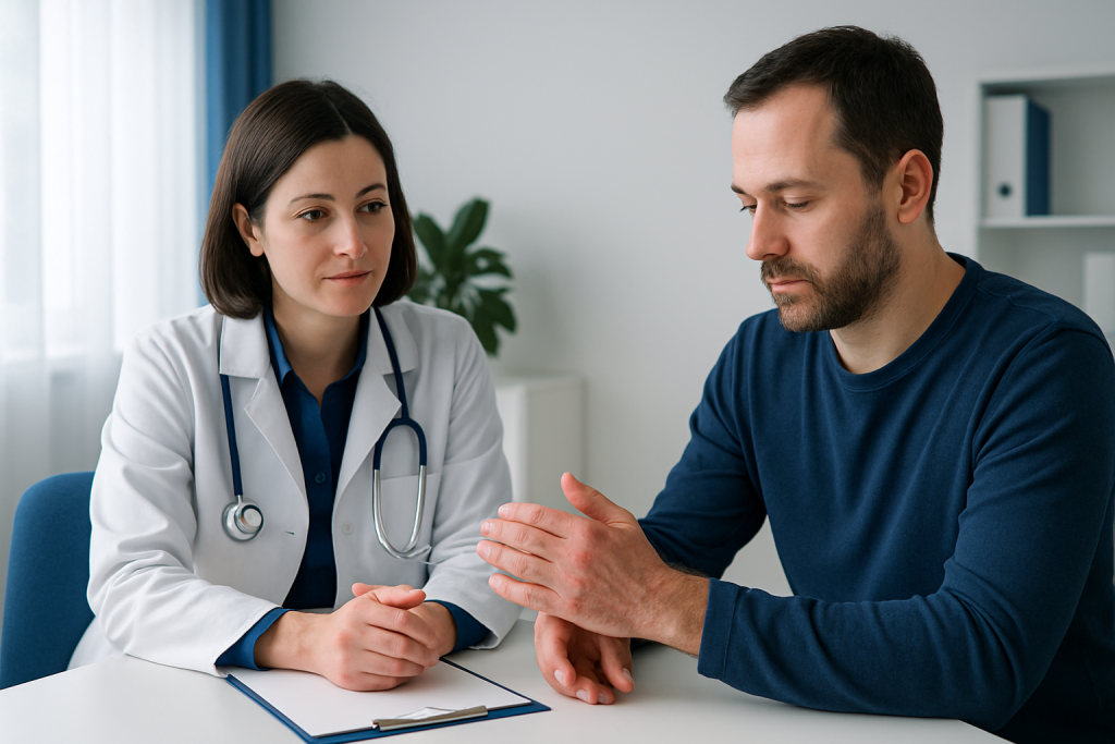 Doctor consulting with patient about skin condition on hand.
