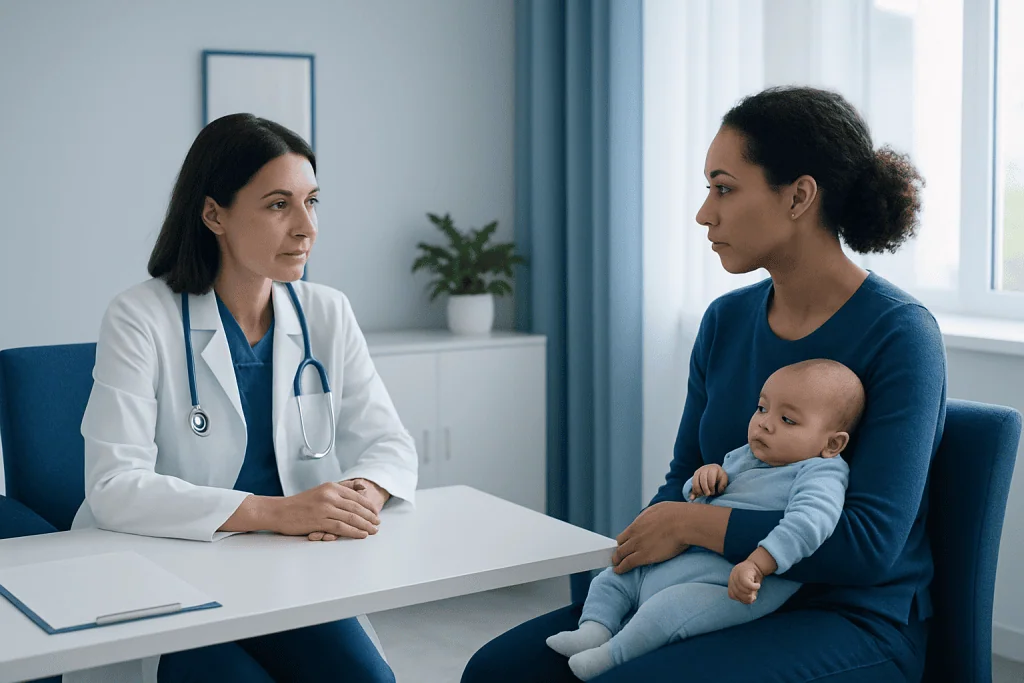 Pediatric consultation at Acibadem Hospital with doctor and mother with baby.
