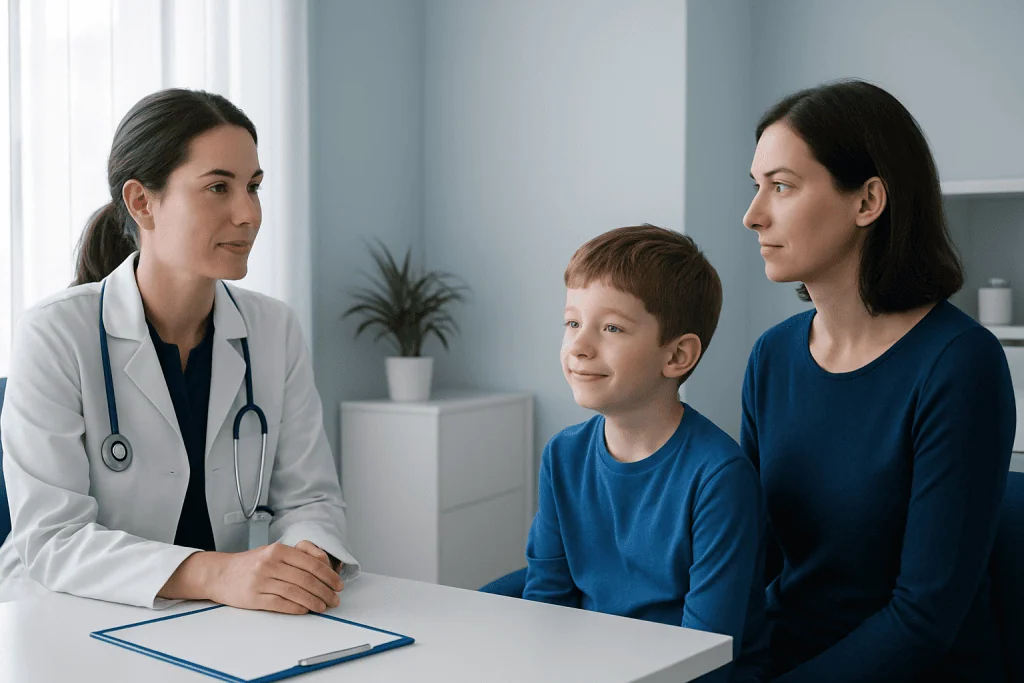 Doctor consulting with a young boy and his mother in a medical office.
