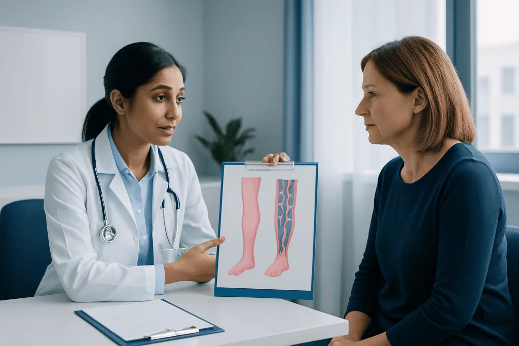 Doctor explaining venous disease to patient with leg diagram.
