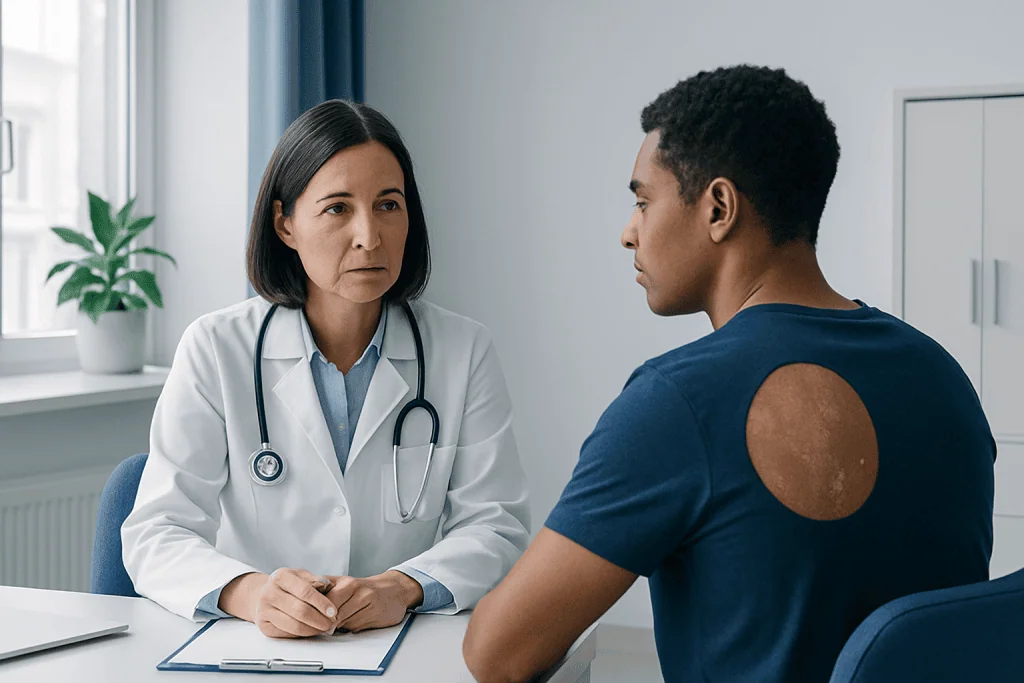 Doctor consulting with patient about skin condition on back.