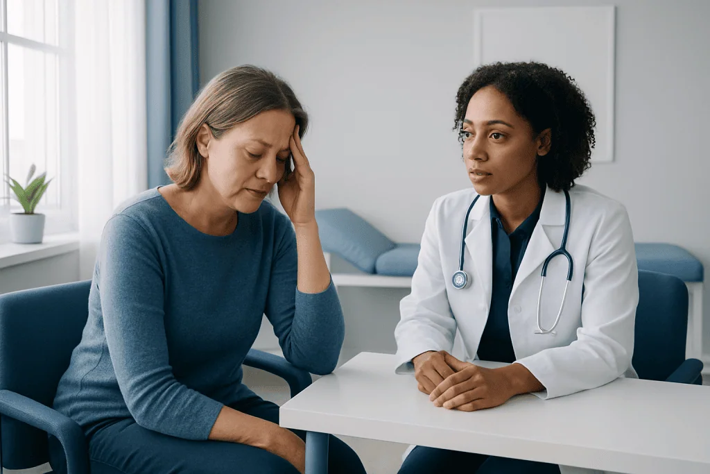Doctor consulting with a patient experiencing stress or headache symptoms.