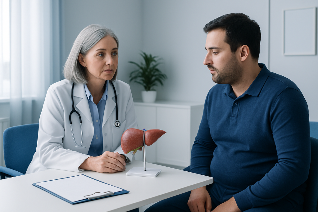 Doctor discussing liver health with patient in consultation room.