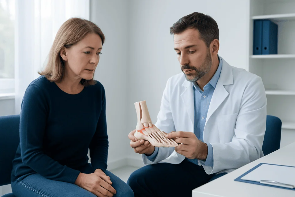 Doctor explaining foot anatomy to a patient in a clinic setting.