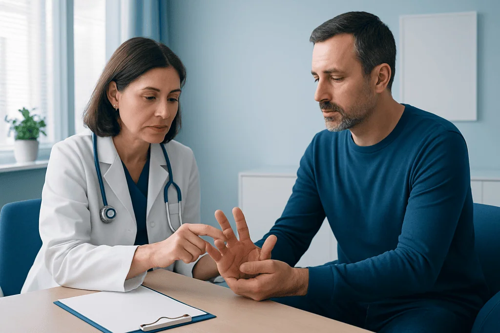 Doctor examining patient's finger for trigger finger symptoms.