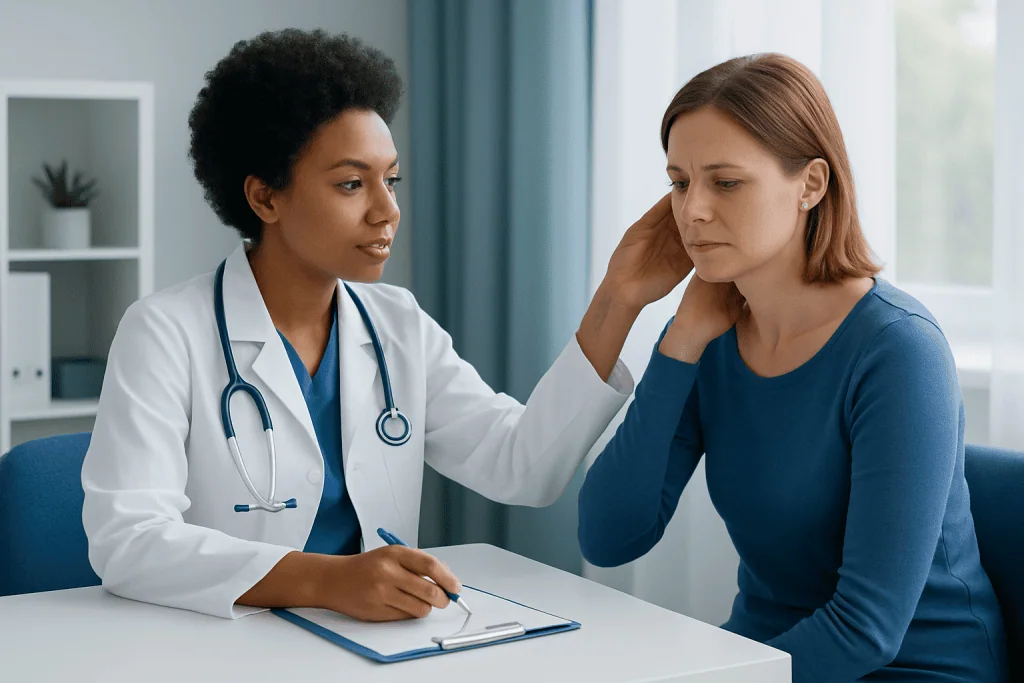 Doctor examining a woman's ear in a medical consultation room.