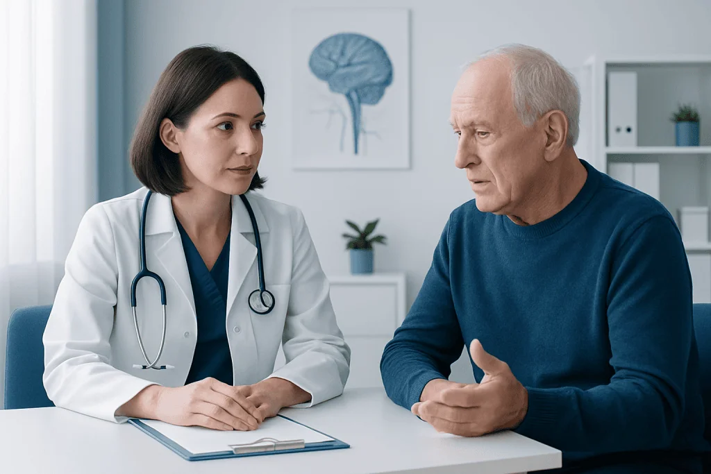 Doctor consulting with an elderly male patient in a medical office.