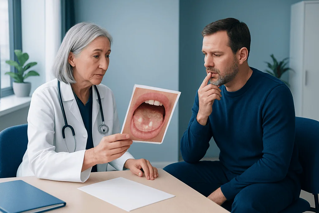 Doctor explaining oral thrush to patient with mouth image.