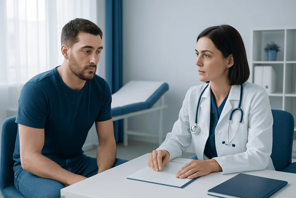 Doctor consulting male patient in a medical office.