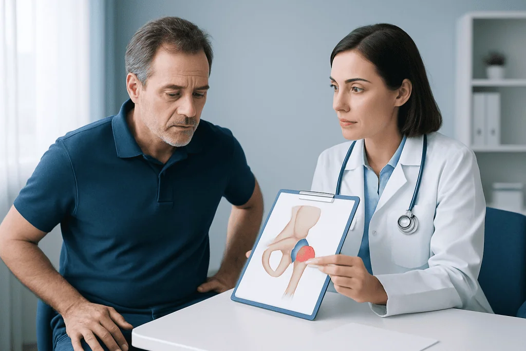 Doctor explaining trochanteric bursitis to a patient with a model of the hip.