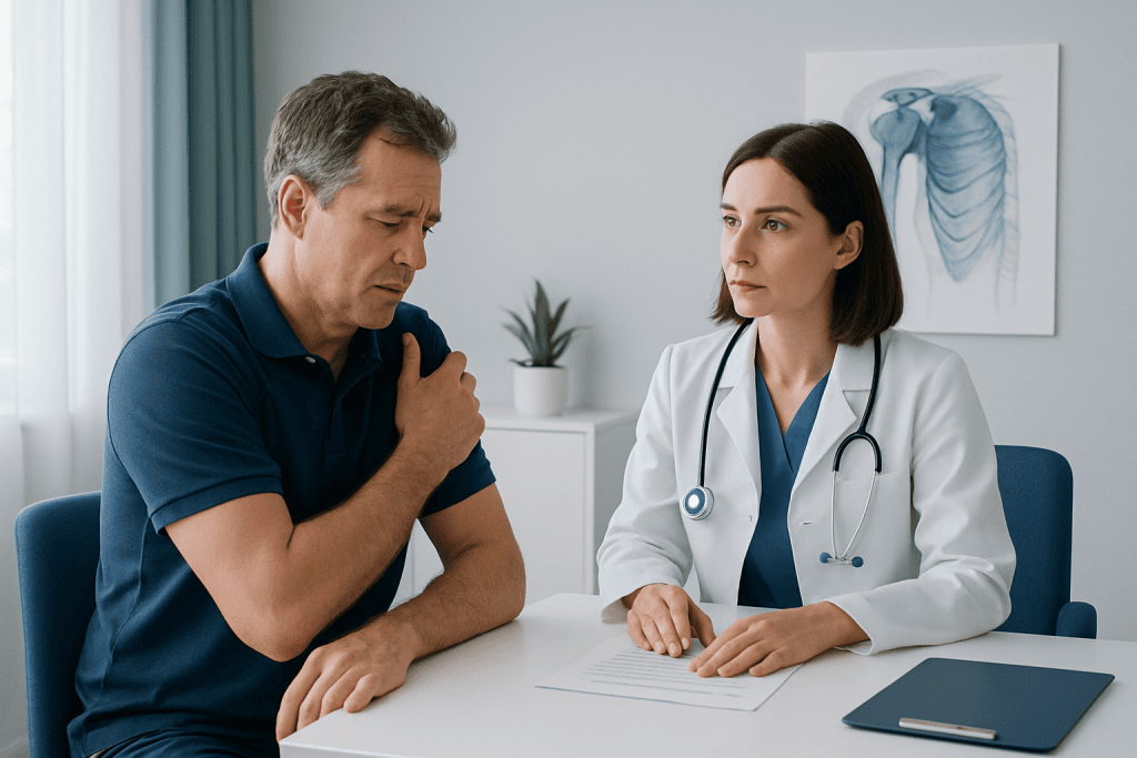 Doctor consulting with a patient about shoulder pain in a medical office.