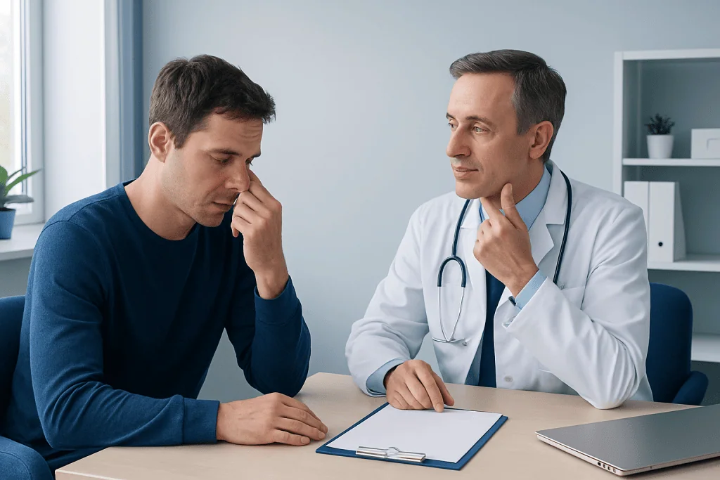 Doctor consulting with patient about nasal health and symptoms.