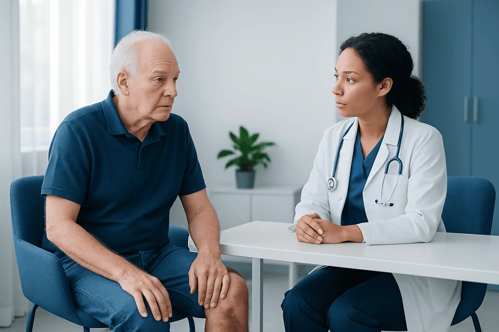 Doctor consulting with an elderly male patient in a medical office.