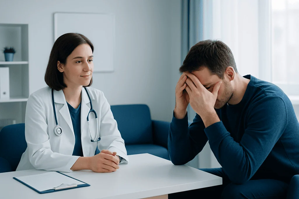 Doctor consulting with a patient experiencing emotional distress in a clinical setting.