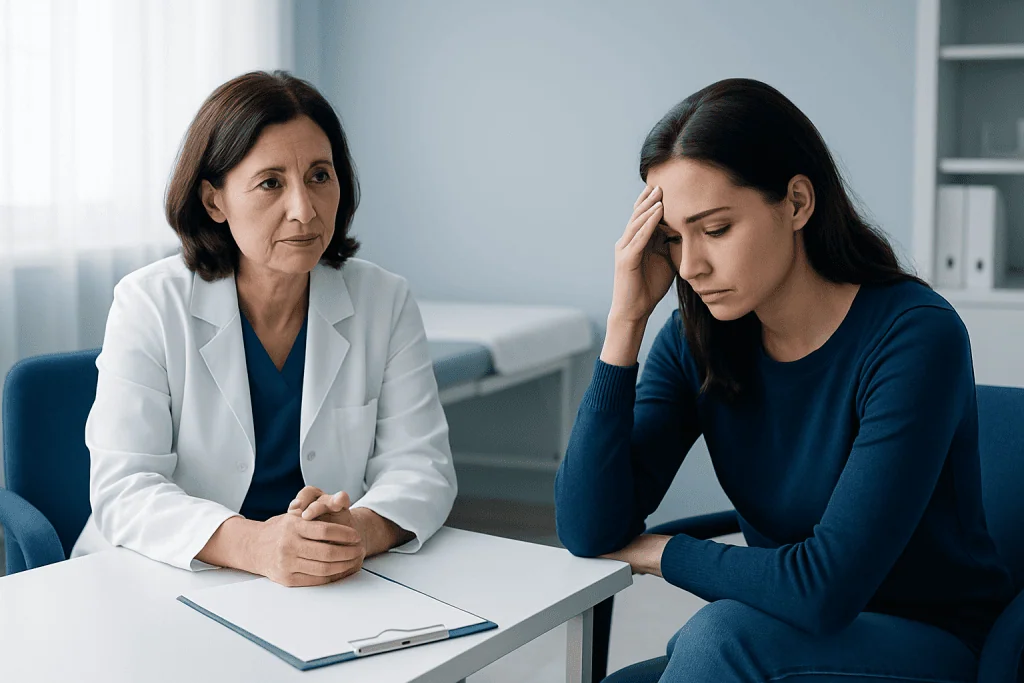 Doctor consulting with a young woman experiencing stress or anxiety.