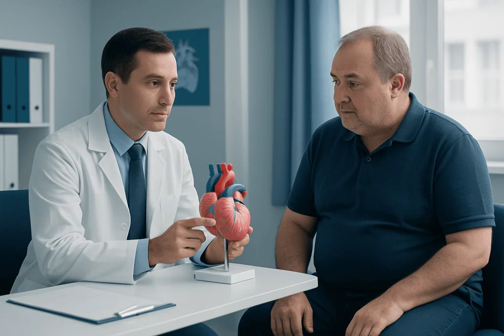 Cardiologist explaining heart anatomy to patient in consultation room.