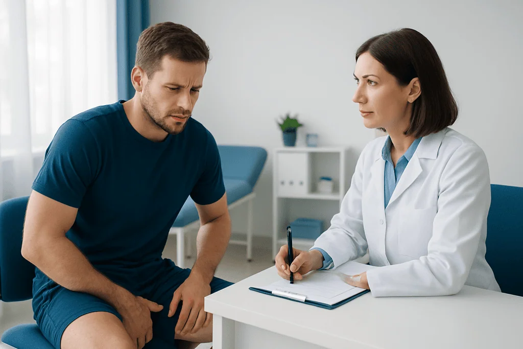 Doctor consulting with male patient about groin pain or injury.