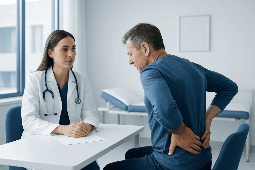 Doctor consulting with patient about back pain in a medical office.
