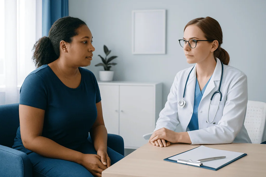 Doctor consulting with a patient in a medical office setting.