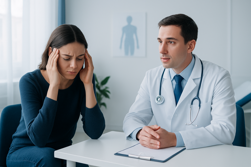 Doctor consulting with a woman experiencing anxiety or stress.