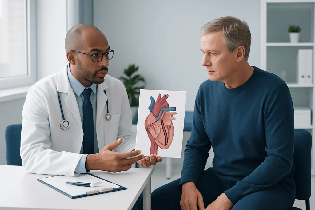 Doctor explaining heart diagram to patient in consultation room.