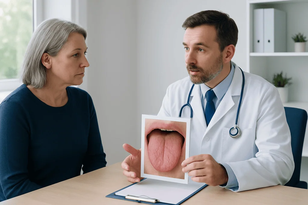 Doctor explaining tongue health to a patient with a photo of a tongue.