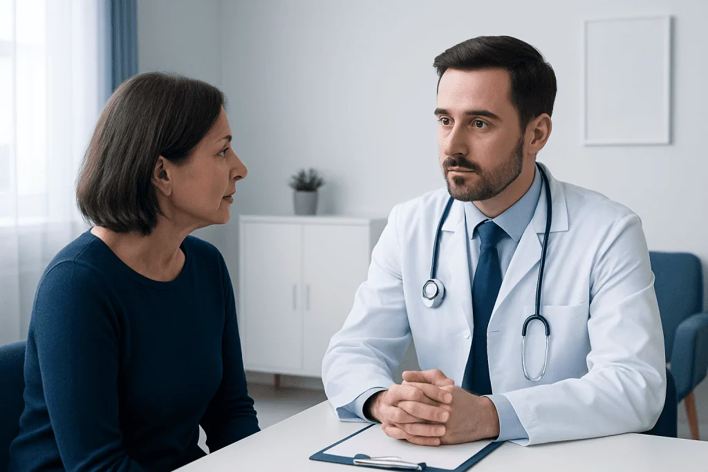 Doctor consulting with a female patient in a modern clinic setting.