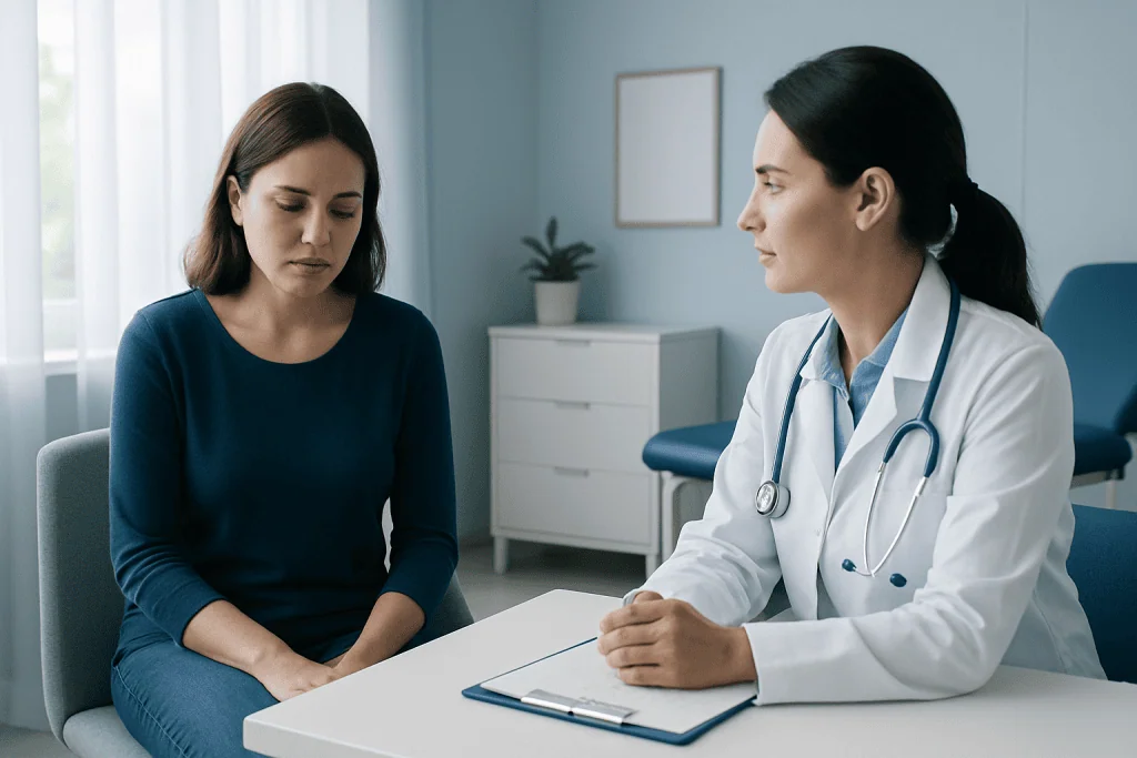 Doctor consulting with a woman patient in a medical office.