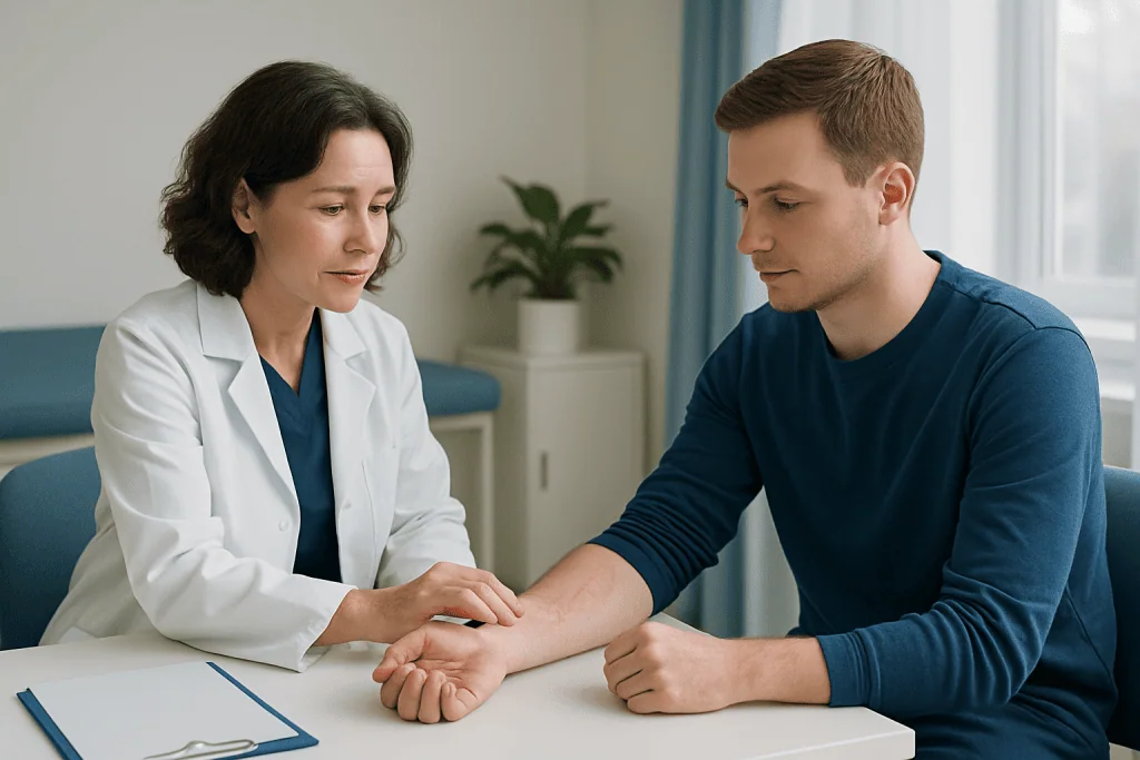 Doctor examining patient's arm in a medical consultation setting.