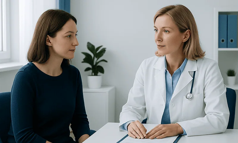 Doctor consulting with a patient about breast health and fibrocystic mastopathy.