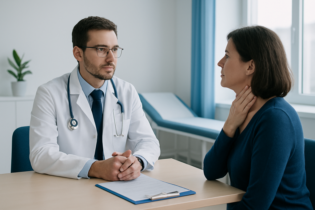 Doctor consulting with a female patient in a medical office.