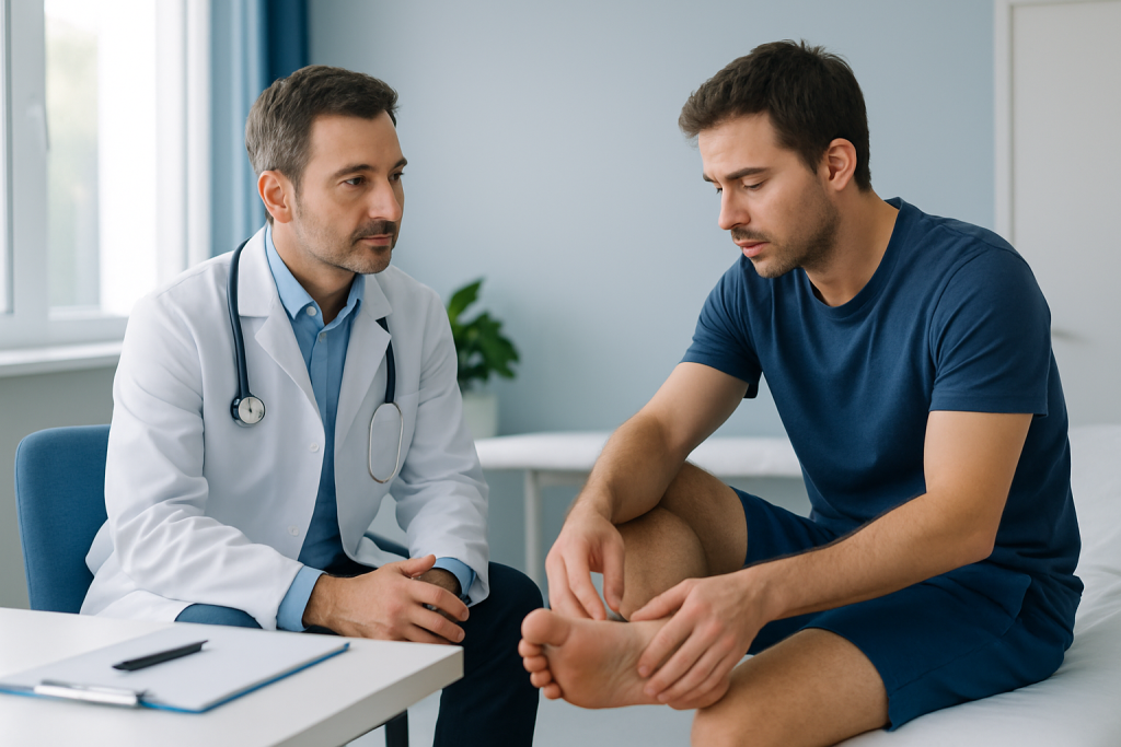 Doctor consulting with a patient about foot health in a clinic setting.