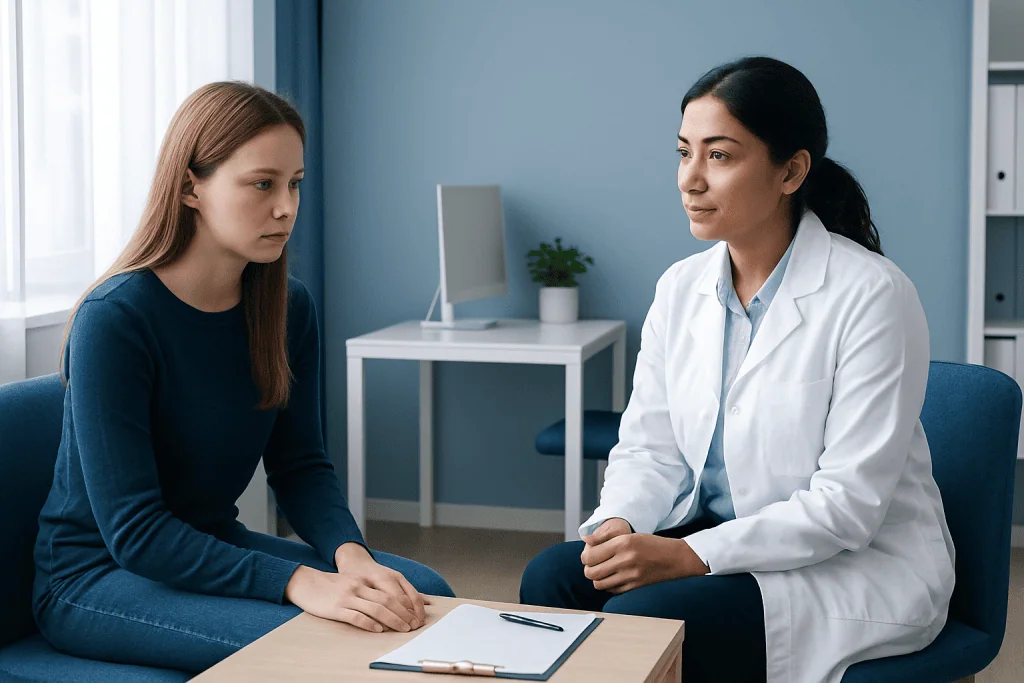 Doctor consulting with a young female patient in a medical office.