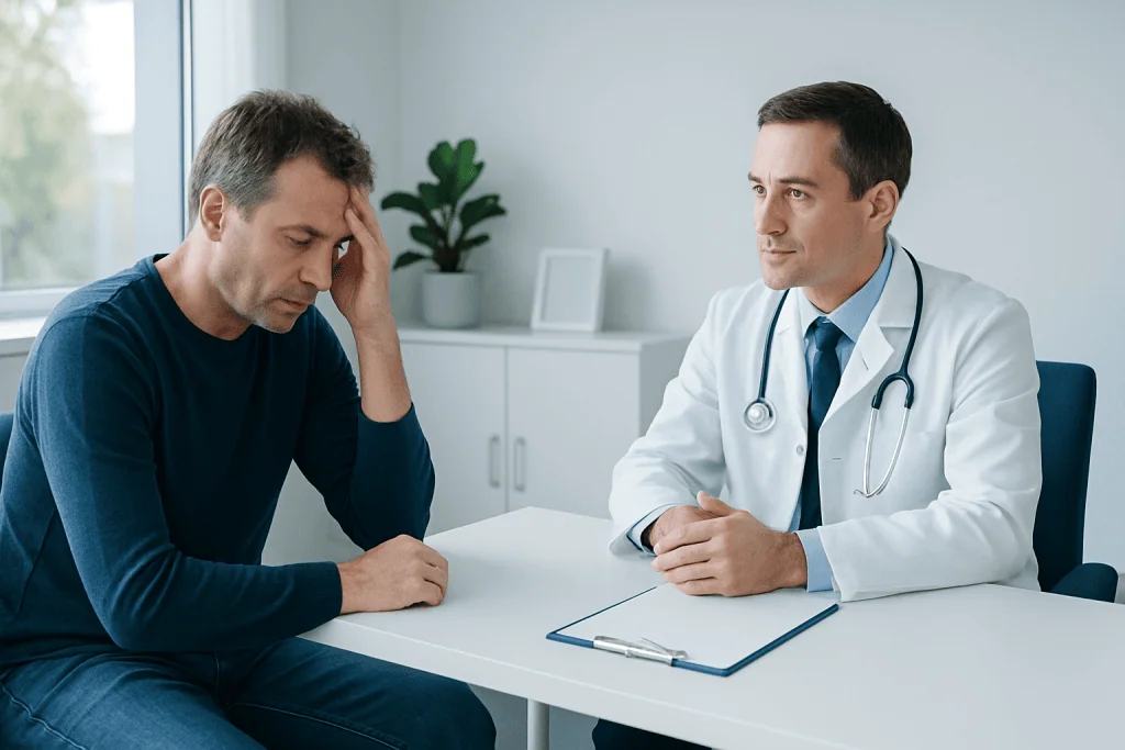 Doctor consulting with a patient experiencing distress in a medical office.