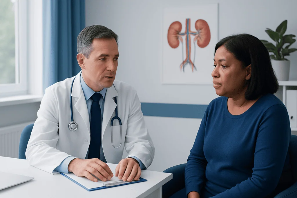 Doctor consulting a patient about kidney health in a medical office.