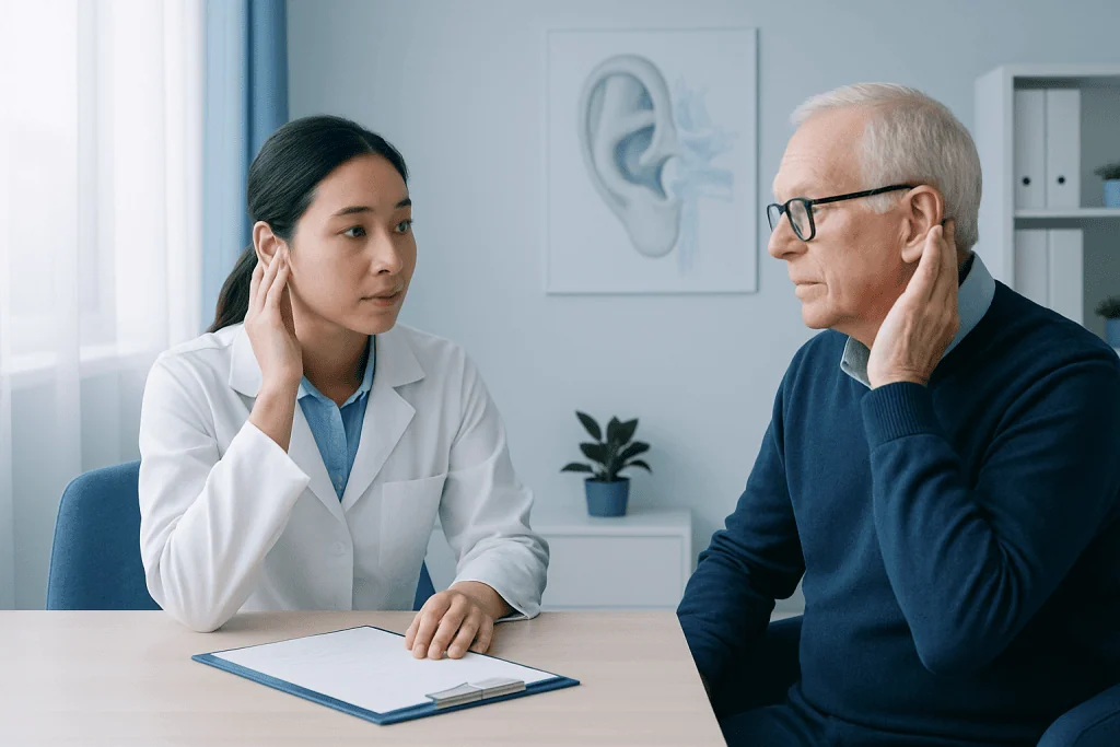 Doctor and patient discussing hearing health in a clinic setting.