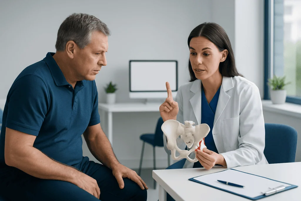 Doctor explaining gluteal tendinopathy to patient with pelvic model.
