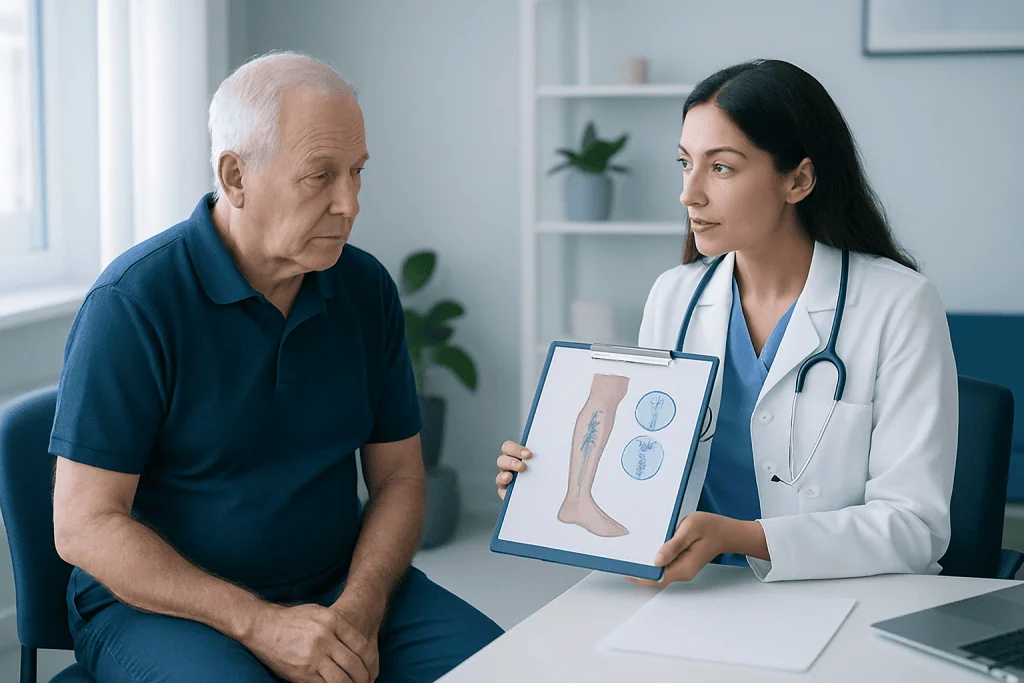 Doctor explaining venous stasis ulcer to elderly patient with leg diagram.