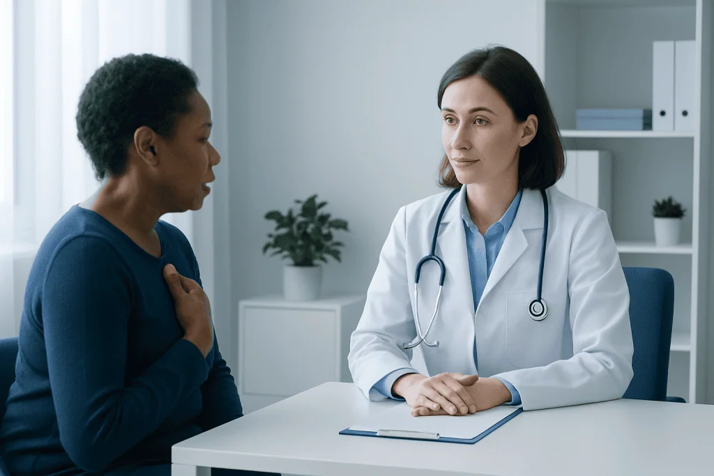 Doctor consulting with a patient about respiratory health in a clinic setting.
