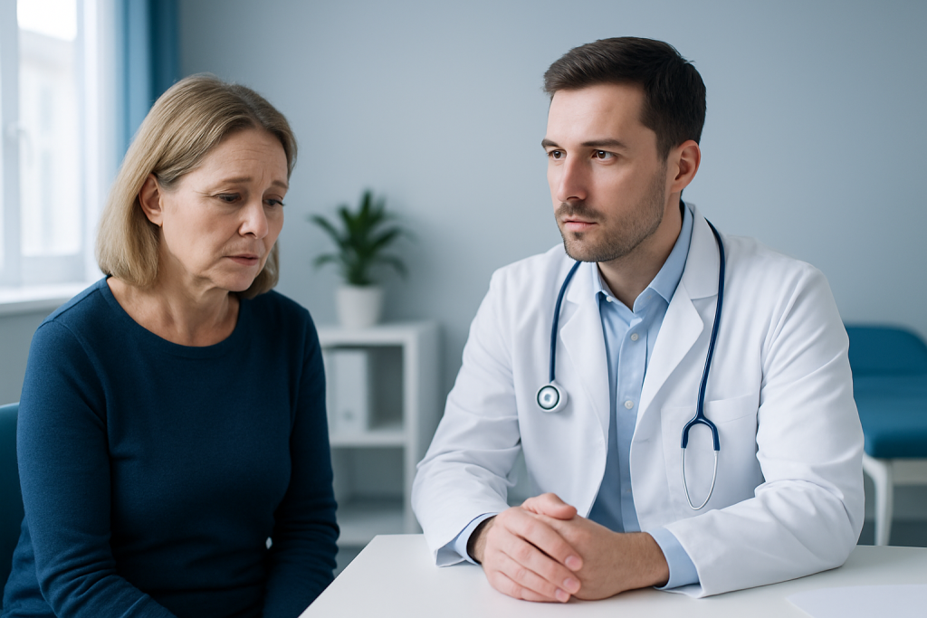 Doctor consulting with middle-aged woman in a medical office.