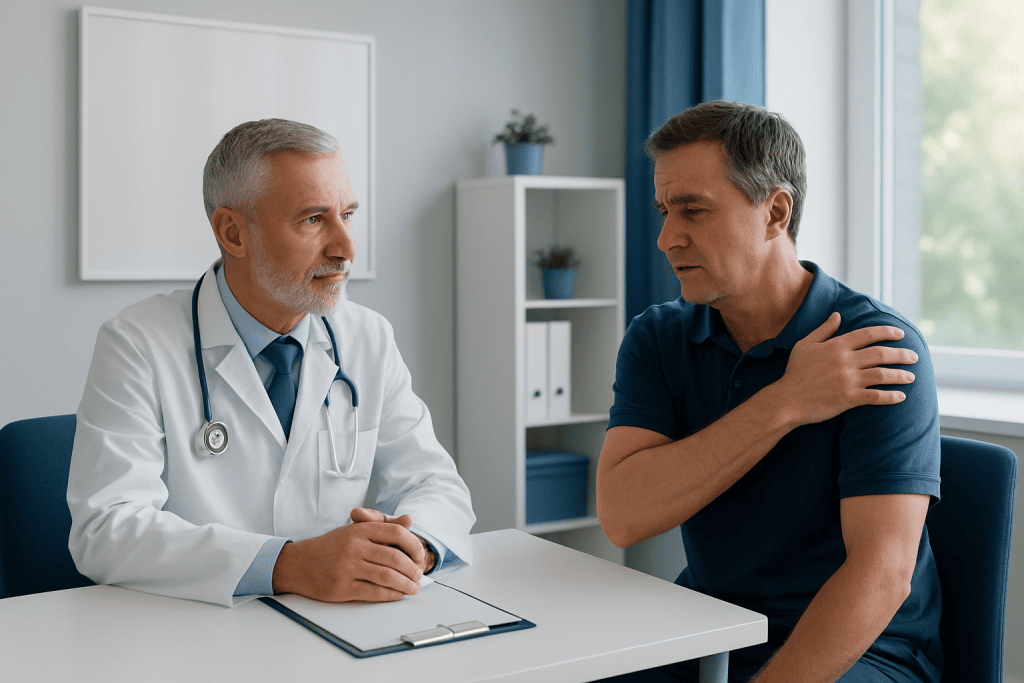 Doctor consulting with a patient about shoulder pain and bursitis symptoms.