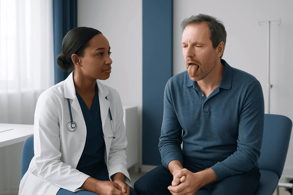 Doctor examining patient's tongue in a medical consultation room.