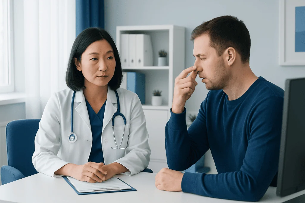 Doctor consulting with patient about nasal health in a clinical setting.
