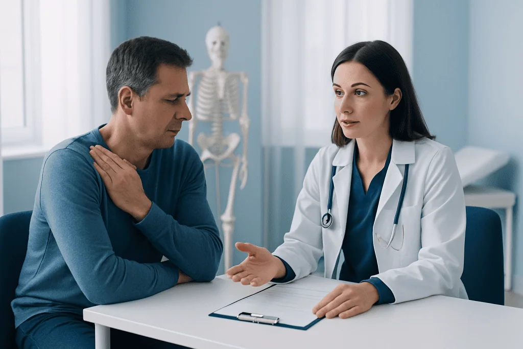 Doctor consulting with patient about shoulder pain and pinched nerve.